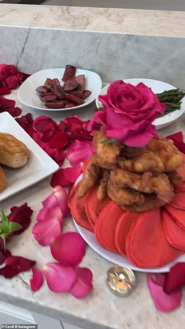 WL!  Cardi's Valentine's Day is treated to a sumptuous brunch consisting of red pancakes, bacon, biscuits, shrimp and fruit.