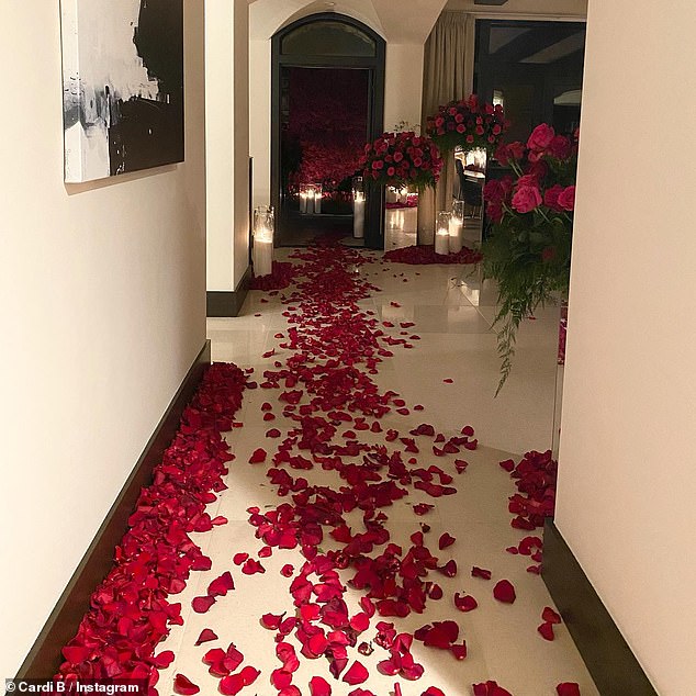 Quite the entrance!  Rose petals scattered on the tile floor