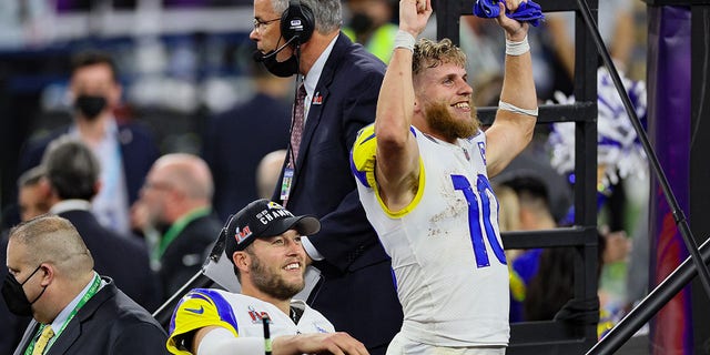 Cooper Cup #10 and Matthew Stafford #9 of the Los Angeles Rams celebrate after Super Bowl LVI at Sophie Stadium on February 13, 2022 in Englewood, California.  The Los Angeles Rams defeated the Cincinnati Bengals 23-20. 