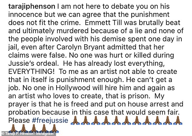 Commenting on her Instagram post, Hanson demanded that Smollett's case be reviewed so he could face a lesser sentence.  I suggested that the imperial actor face house arrest instead of imprisonment