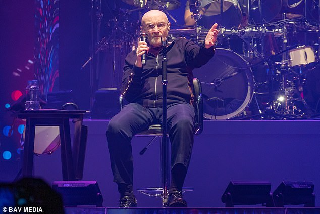 Health issues: 02 in London provided the backdrop for the band's latest show The Last Domino?  Tour - with vulnerable striker Phil, 71, telling the crowd that he will now have to get a real job