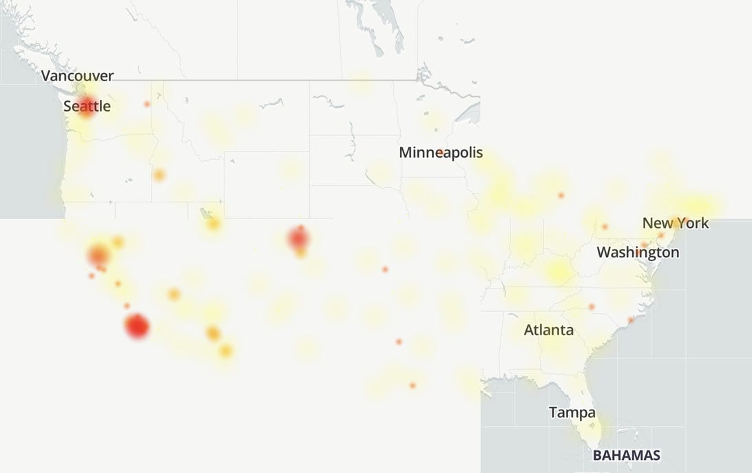 Heat map showing Verizon wireless outages.