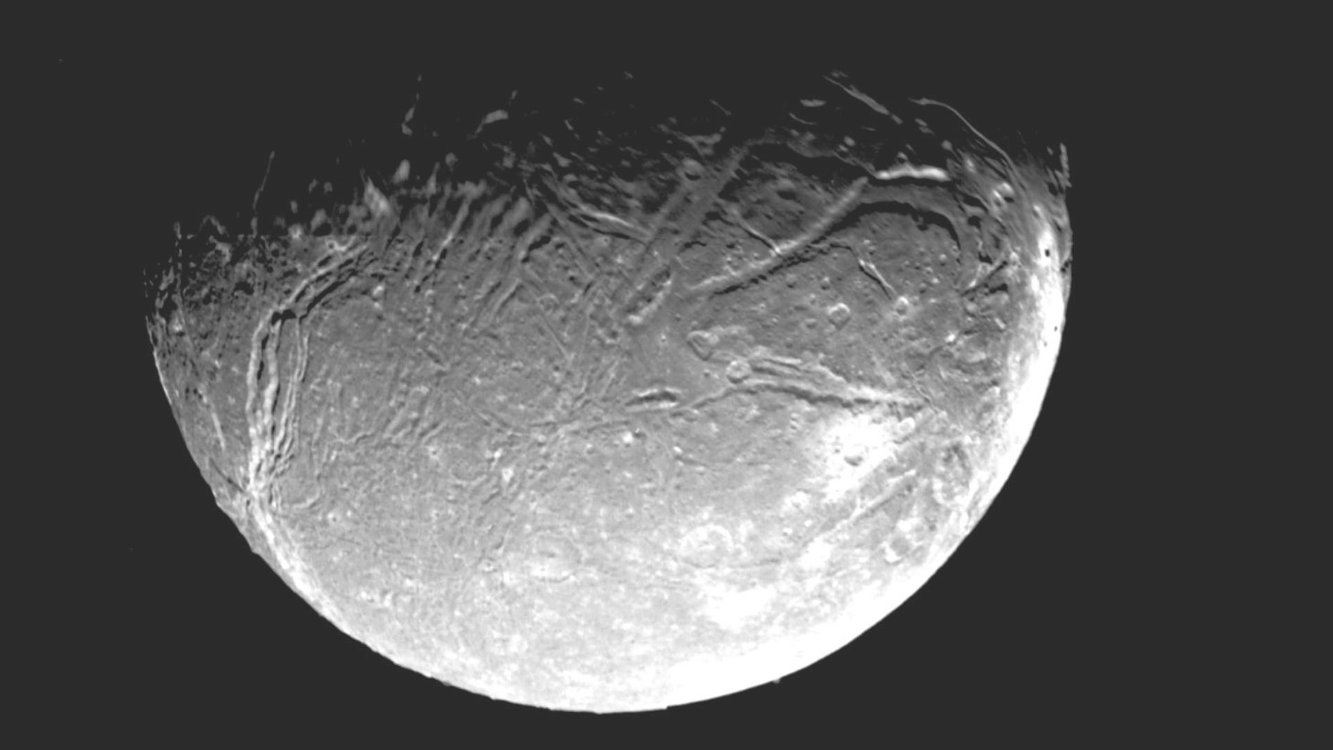The most detailed image in Voyager 2 of Ariel, the moon of Uranus, was taken in 1986.