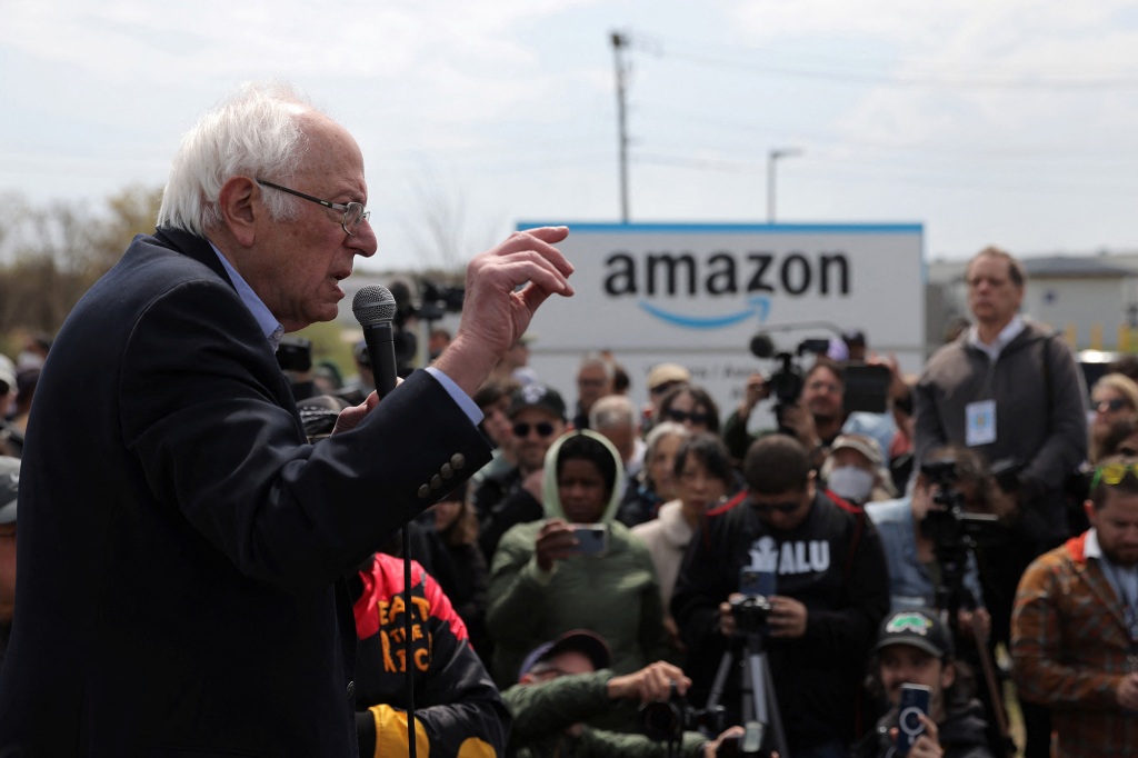 US Senator Bernie Sanders (I-VT) speaks at an Amazon facility during an Amazon Workers Union (ALU) rally in Staten Island, New York City, US, April 24, 2022. 