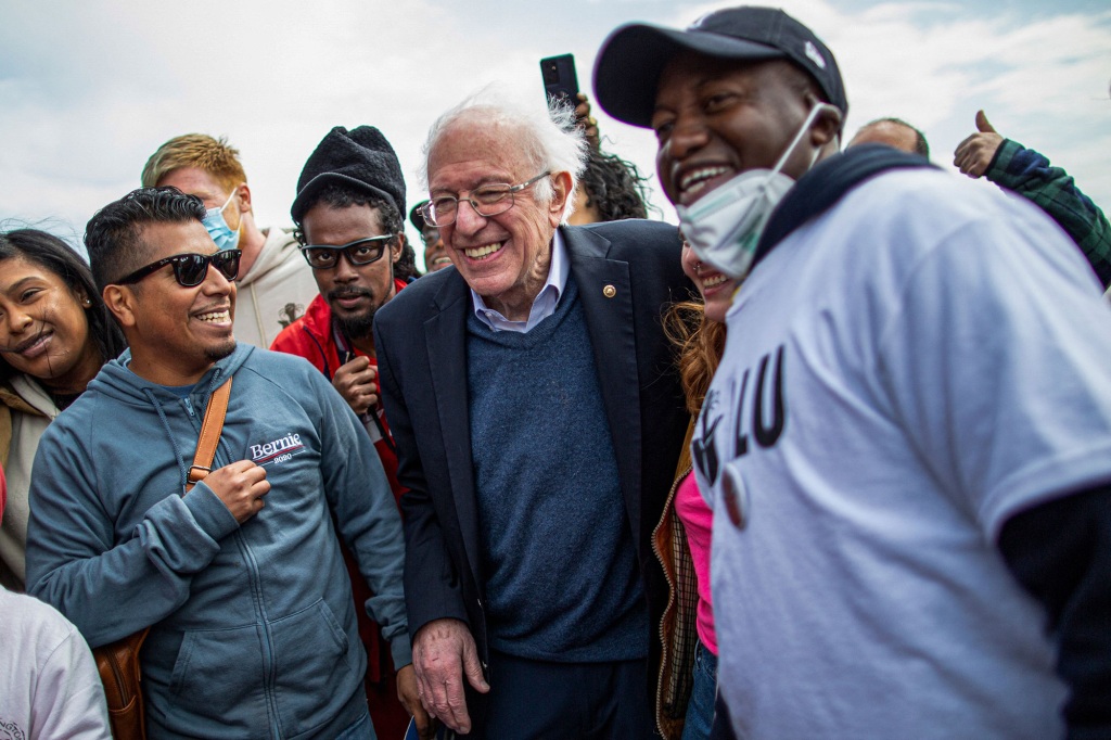 U.S. Senator Bernie Sanders (I-VT) stands with Amazon workers during a rally outside the company's building in Staten Island, New York City, on April 24, 2022. A final push to create unions has gained momentum and found some major successes in the United States.