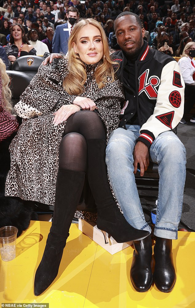 Going strong: Adele, 34, and father of Rich Paul, 40, were seen dining together in Napa Valley on Sunday, People reported, following rumors of their split;  Seen in February in Cleveland, Ohio