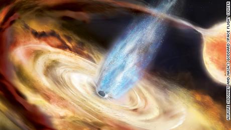 A black hole pulls material from a nearby star into an accretion disk in this illustration.