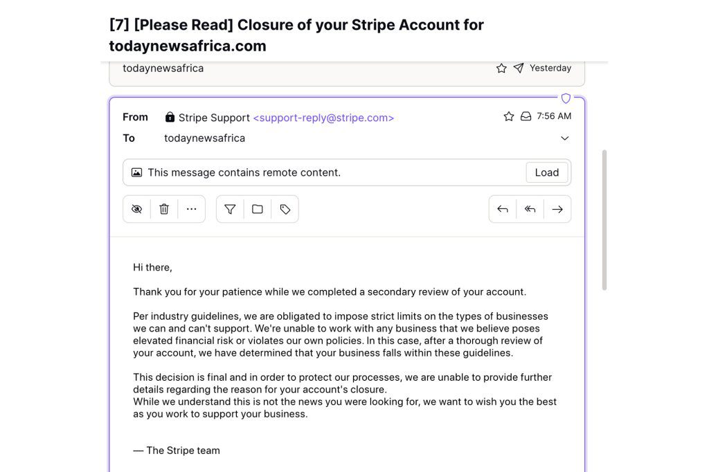 Today's News Africa reporter Simon Ateba has provided The Post with copies of a letter from Stripe telling him that his website has offered to sign up. 