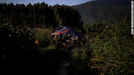 Debris at the crash site of an Antonov cargo plane belonging to a Ukrainian company near Kavala, Greece.