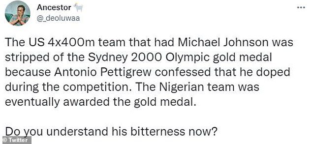 One Twitter user claimed that Johnson may have been seeking revenge after the US was stripped of the 4x100m Olympic title in 2000 and Nigeria took the gold instead.