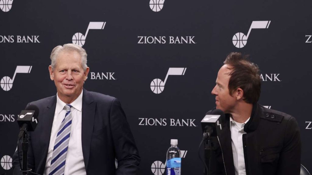 Danny Ainge, left, and Utah Jazz owner Ryan Smith, speak about Ainge’s new role as CEO of Utah Jazz Basketball, in charge of all basketball decisions, at Vivint Arena in Salt Lake City on Wednesday, Dec. 15, 2021.