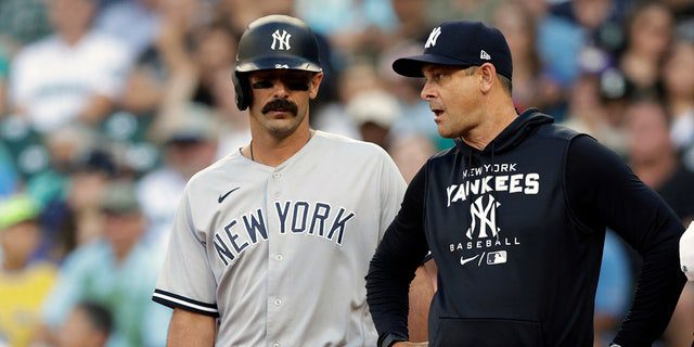 New York Yankees coach Aaron Boone, second from right, and coach, right, talk with Matt Carpenter after he kicked an ankle against the Seattle Mariners during the first half of a baseball game, Monday, August 8, 2022, in Seattle.
