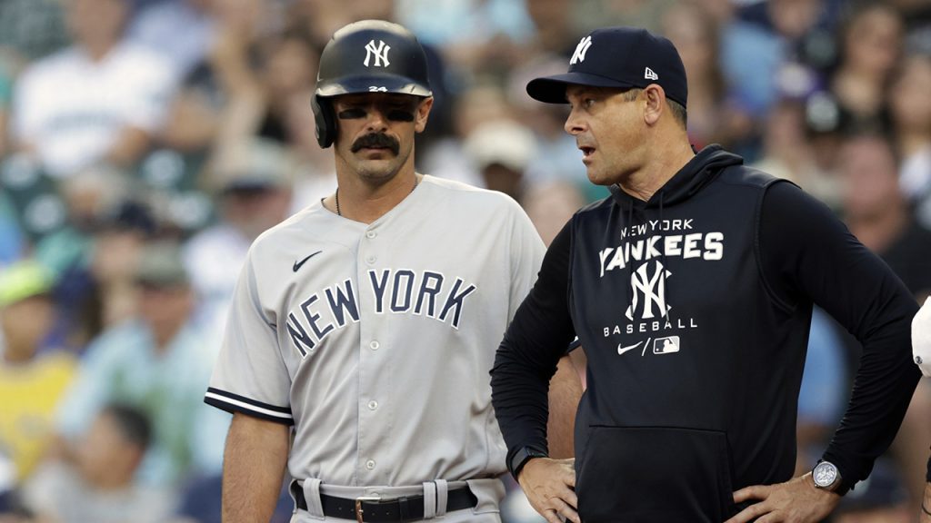 New York Yankees manager Aaron Boone, second from right, and a trainer, right, talk with Matt Carpenter after he fouled a ball off his ankle against the Seattle Mariners during the first inning of a baseball game, Monday, Aug. 8, 2022, in Seattle.