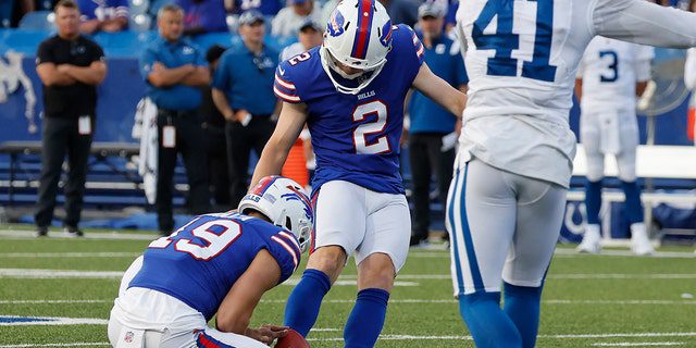 Buffalo Bills player Tyler Bass plays the field goal for victory against the Indianapolis Colts, Saturday, August 13, 2022, in Orchard Park, New York.