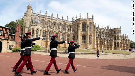 Soldiers at Windsor Castle Square as it reopens on July 23, 2020. 