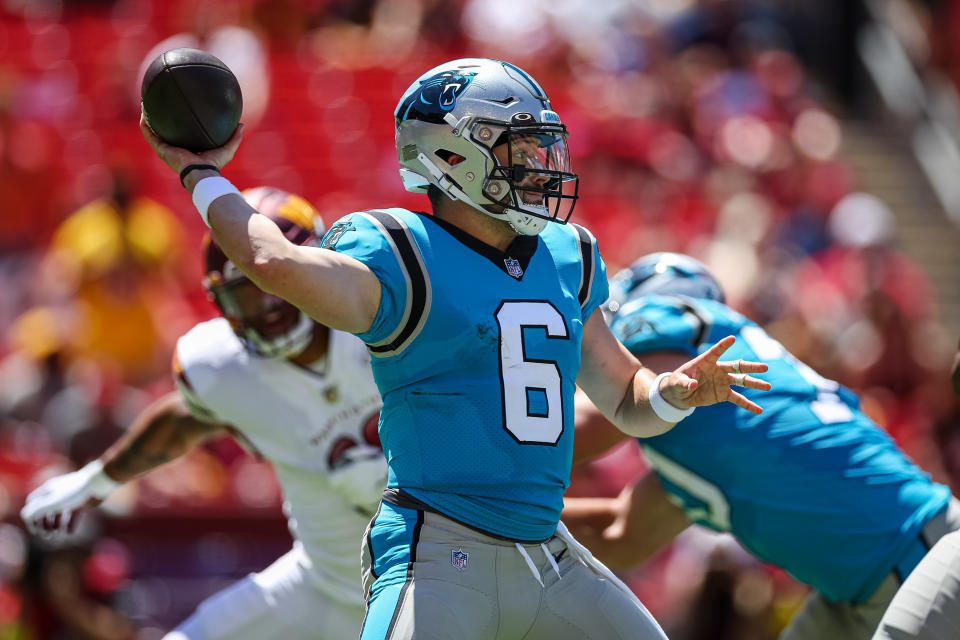 Baker Mayfield kicked off the Carolina Panthers' first pre-season game on Saturday.  (Photo by Scott Taich/Getty Images)
