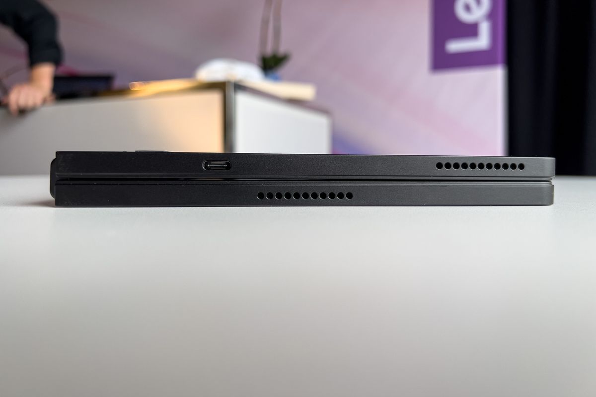 Lenovo ThinkPad X1 Fold seen from below, closed, in the display area.