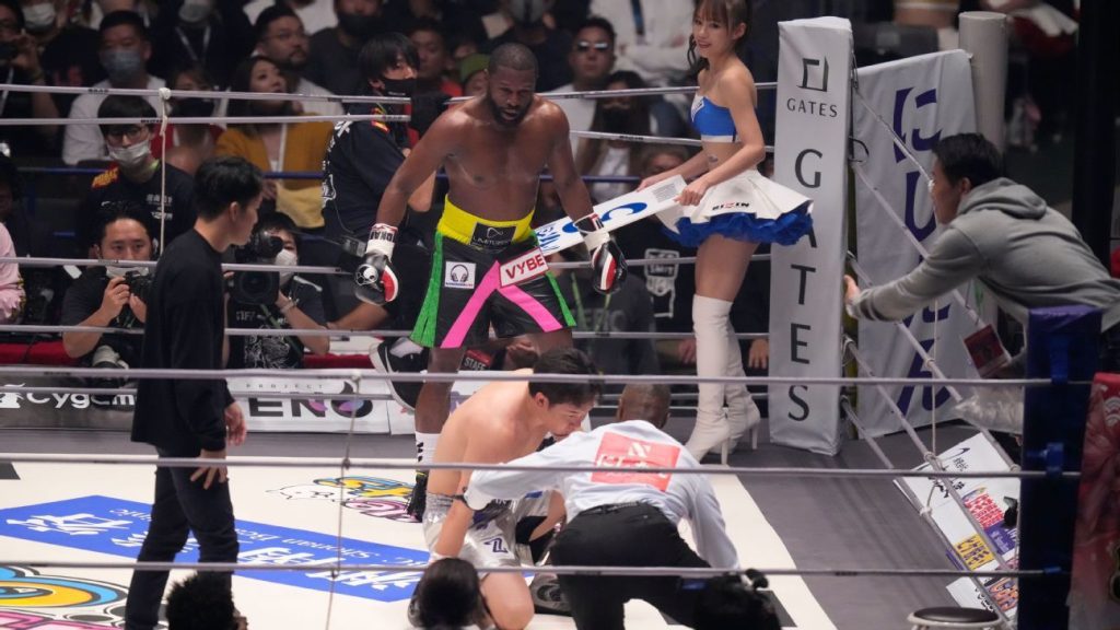 Floyd Mayweather beats Mikuru Asakura in an exhibition boxing match in Japan