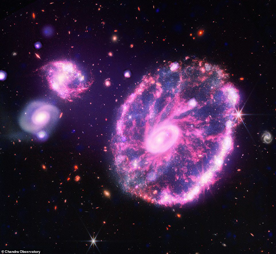The Cartwell Wheel Galaxy (above) gets its shape from a collision with another smaller galaxy about 100 million years ago.