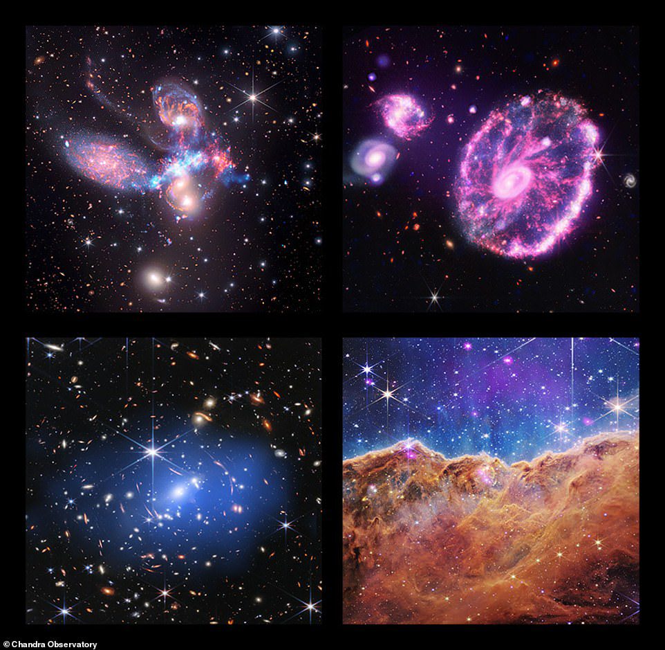 Newly released images depicting (clockwise, from top left): Stephens Quintet, the Cartwheel Galaxy, the Cosmic Cliffs of the Carina Nebula and SMACS 0723..3-7327