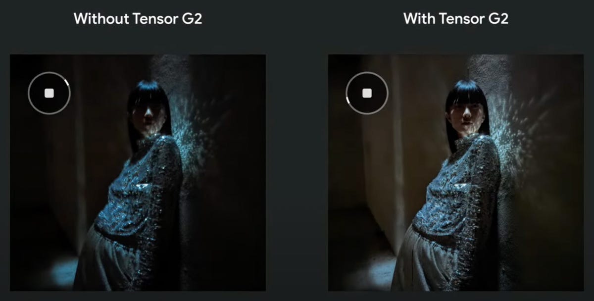 The illustration shows a mysterious night vision image that appears faster with Google's Tensor G2 processor