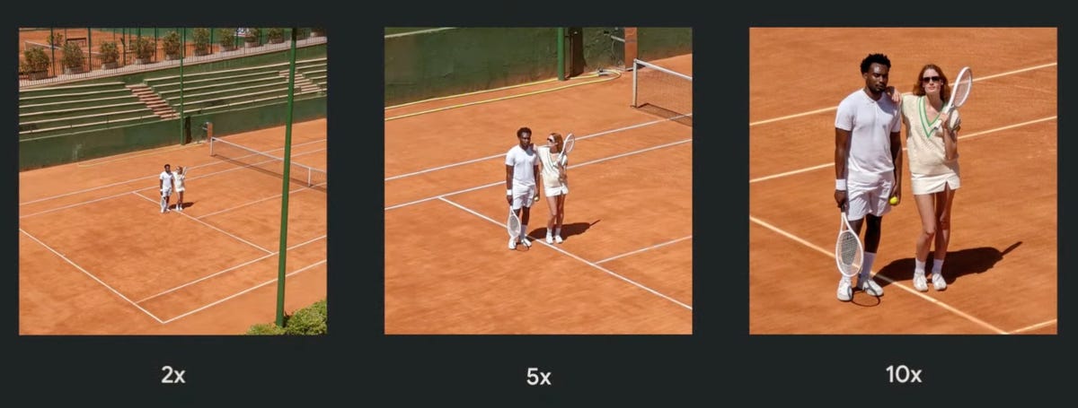 Three photos of distant tennis players show how Google's Pixel 7 Pro can zoom in using 2x, 5x and 10x zoom factors.