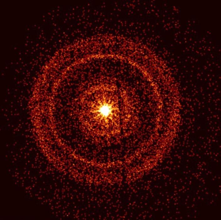 Bright yellow gamma rays exploded surrounded by rings of red dots