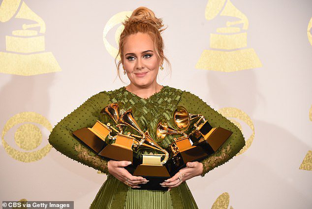 Grammy Award Winner: Adele has won 15 Grammy Awards so far.  Seen here with the five awards she took home from the 59th Annual Grammy Awards in Los Angeles in 2017