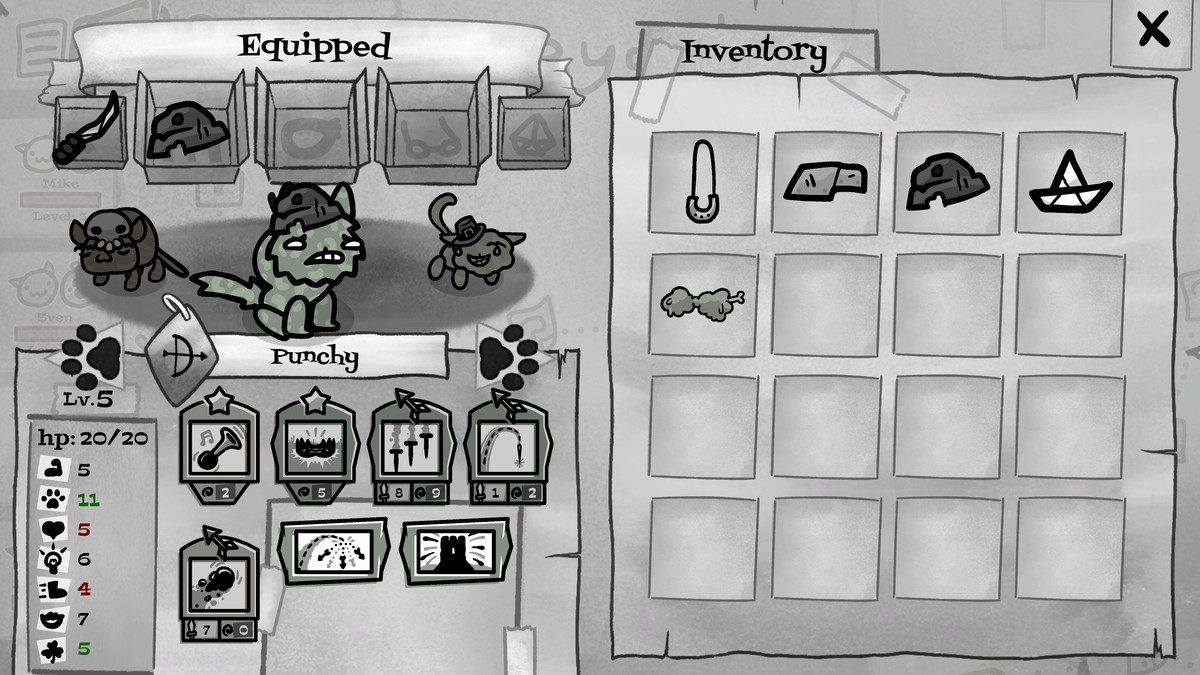 Equipment screen from screenshot in mewgenics.  The cat, called Bunchy, wears a coarse wool hat and is equipped with a knife.  The inventory screen also appears, showing various hats and accessories, such as the paper boat hat