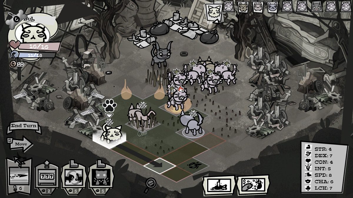 Cats fighting other cats in a screenshot by Mewgenics.  Here we see two armies of cats in a junkyard.  There is a fire spreading and one of the cats has a paw above its head to indicate that it is about to attack