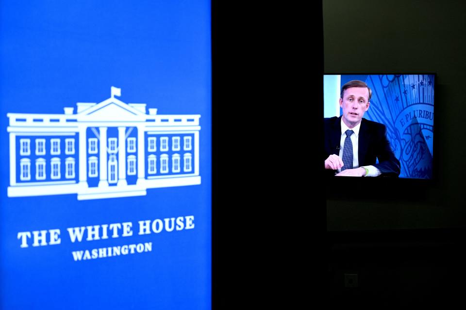 US National Security Adviser Jake Sullivan is seen on screen while speaking during a virtual meeting with US President Joe Biden, executives and labor leaders, not pictured, regarding the chip law, in the South Courtroom of the Eisenhower Executive Office Building, next to the White House, in Washington D.C., on July 25, 2022 (Photo by Brendan Smialofsky/AFP) (Photo by Brendan Smialofsky/AFP via Getty Images)