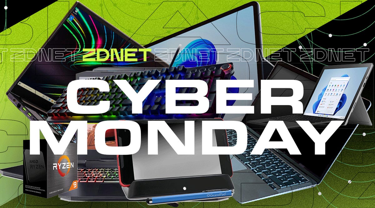 Big white Cyber ​​Monday text with electronic devices behind it