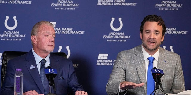 Saturday's interim Indianapolis Colts coach Jeff, right, speaks as owner Jim Irsai listens during a news conference Monday, November 7, 2022, in Indianapolis. 