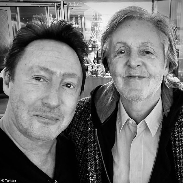 Catch-up: Paul recently bumped into John Lennon's lookalike son Julian at New York's JFK airport - sharing a selfie with ex-colleague Julian Lennon's son