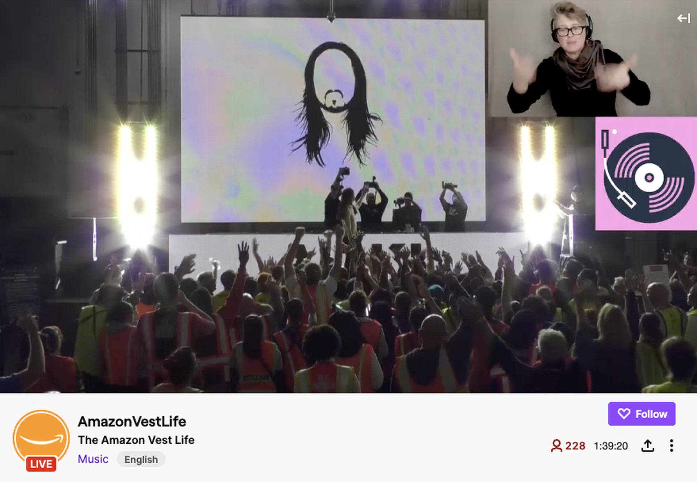 Screenshot from the Twitch channel of Steve Aoki's performance for Amazon workers.