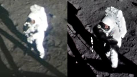 Original NASA-produced 16mm film footage of Armstrong on the roof (L), and Saunders' restored copy (R).