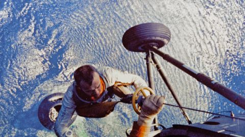 Shepard was lifted into the helicopter after he plunged into the Atlantic Ocean aboard the Mercury capsule in May 1961.